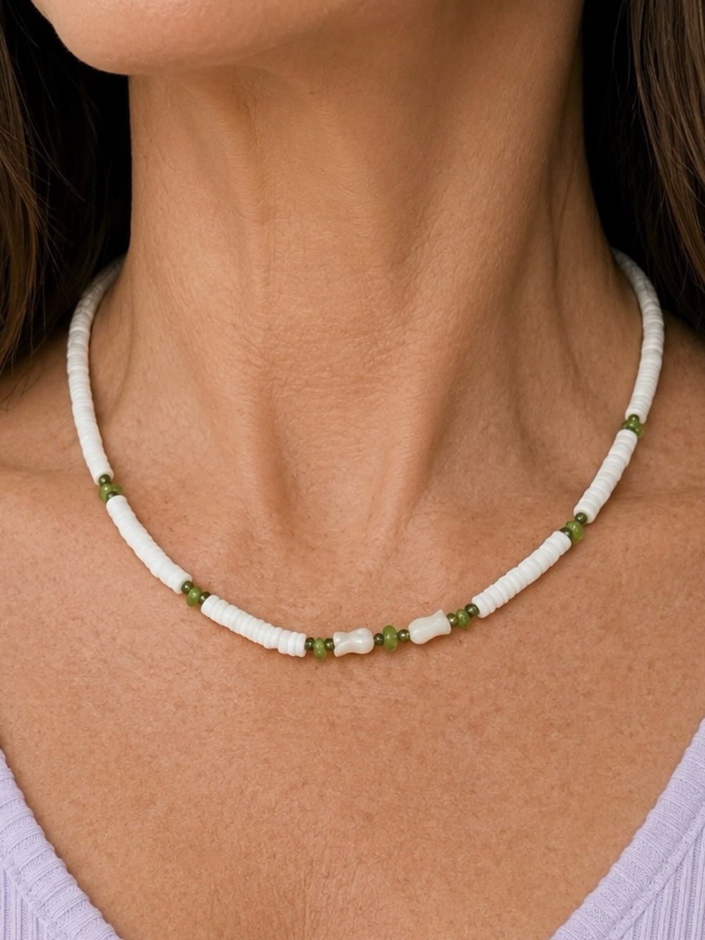 White Puka shells Necklace with Green gemstones & carved mother of pearl